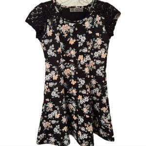 Dex Black Floral Kids Dress with Lace Detail